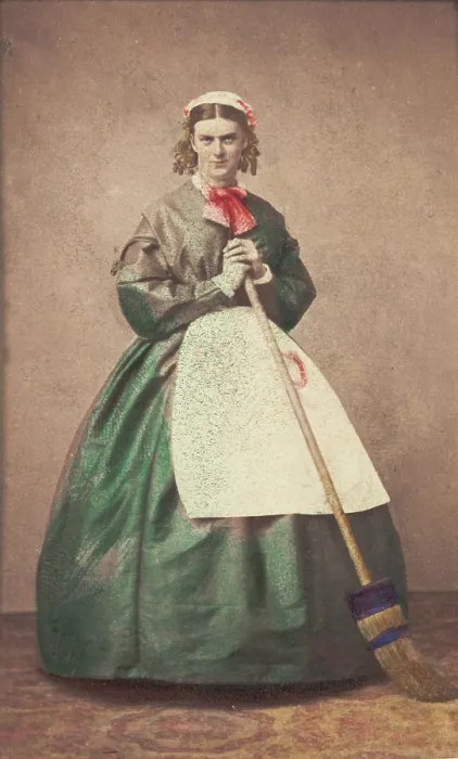Framed Print : A man in drag holding a broom, 1862. Creator: Unknown Framed Print : A man in drag holding a broom, 1862. Creator: Unknown