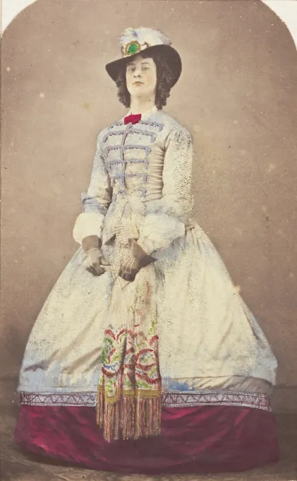 Framed Print : A man in drag wearing an elaborate dress and feathered hat, (20th century?). Creator: Unknown Framed Print : A man in drag wearing an elaborate dress and feathered hat, (20th century?). Creator: Unknown