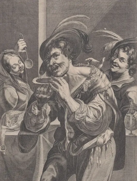 Framed Print : Man drinking soup while two people watch him, 1624-75. Creator: Pierre Daret Framed Print : Man drinking soup while two people watch him, 1624-75. Creator: Pierre Daret