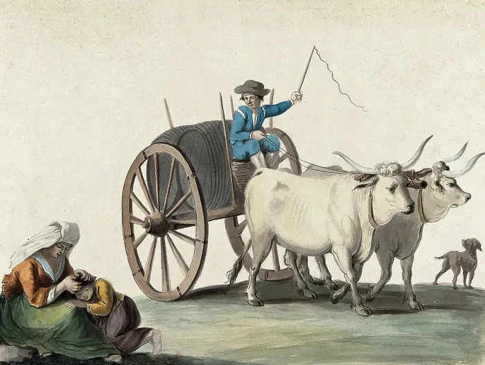 Framed Print : A man driving a cart pulled by two oxen; in the left foreground a woman picks fleas from a boy's hea Creator: Unknown. A man driving a cart pulled by two oxen; in the left foreground a woman picks fleas from a boy's hea Creator: Unknown Framed Print : A man driving a cart pulled by two oxen; in the left foreground a woman picks fleas from a boy's hea Creator: Unknown. A man driving a cart pulled by two oxen; in the left foreground a woman picks fleas from a boy's hea Creator: Unknown