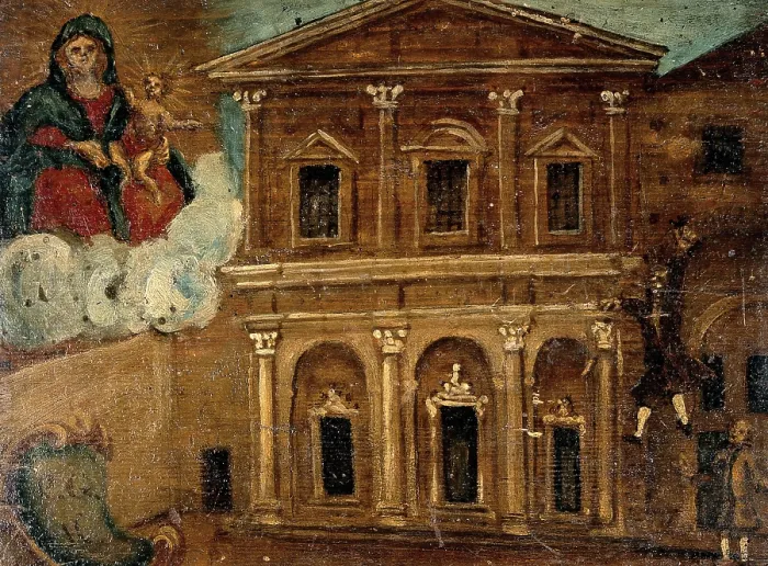 Framed Print : A man falling from the upper storey of a building into a courtyard. Creator: Unknown Framed Print : A man falling from the upper storey of a building into a courtyard. Creator: Unknown