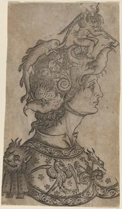 Framed Print : Man in a Fantastic Helmet, c. 1470 / 1480. Creator: Unknown Framed Print : Man in a Fantastic Helmet, c. 1470 / 1480. Creator: Unknown