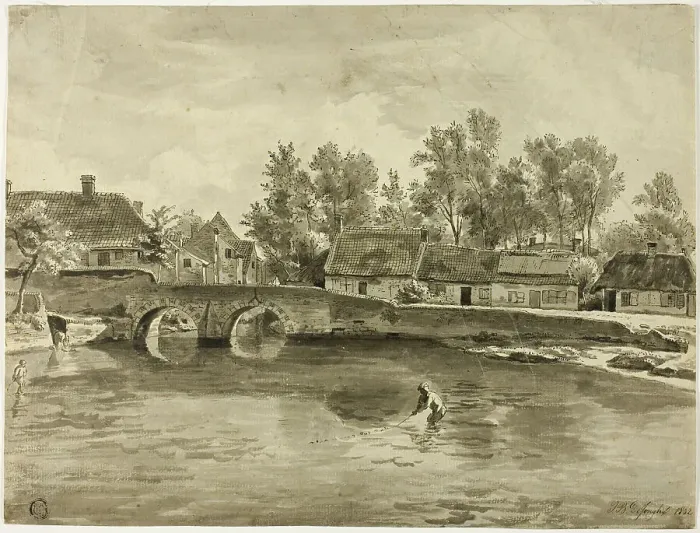 Framed Print : Man Fishing in River Near Village, 1832. Creator: Jan Baptiste de Jonghe Framed Print : Man Fishing in River Near Village, 1832. Creator: Jan Baptiste de Jonghe