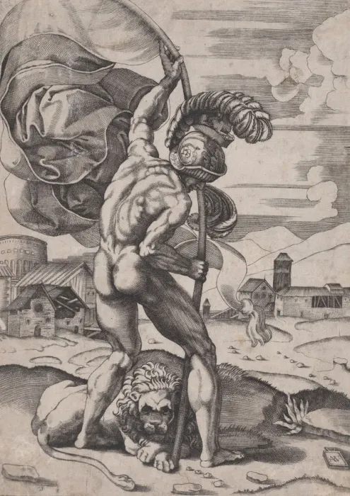 Framed Print : Man with a Flag, ca. 1514-36. Creator: Agostino Veneziano Framed Print : Man with a Flag, ca. 1514-36. Creator: Agostino Veneziano