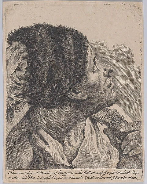 Man in a fur hat holding a musket, looking upwards; after Giovanni Battista Piazzetta, 1770-1780. Creator: James Bretherton