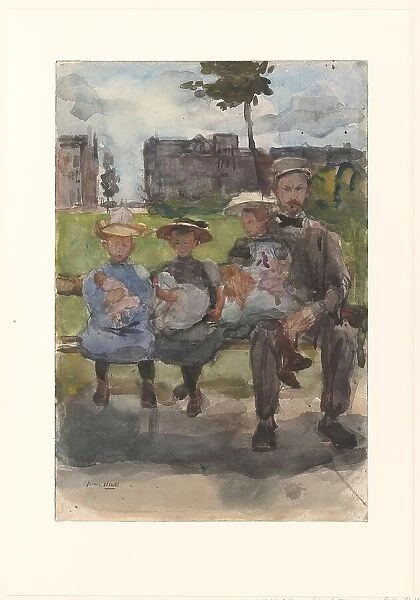 A Man with Three Girls on a Bench in the Oosterpark in Amsterdam, c.1886-c.1904. Creator: Isaac Lazerus Israels