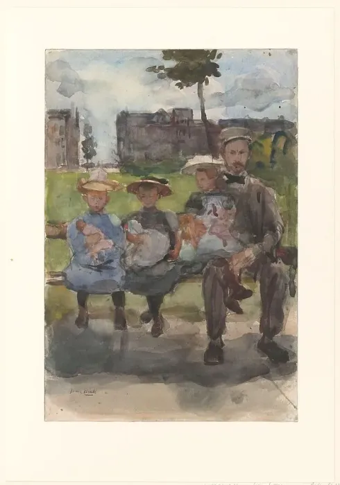 Framed Print : A Man with Three Girls on a Bench in the Oosterpark in Amsterdam, c.1886-c.1904. Creator: Isaac Lazerus Israels Framed Print : A Man with Three Girls on a Bench in the Oosterpark in Amsterdam, c.1886-c.1904. Creator: Isaac Lazerus Israels