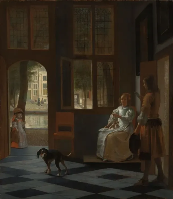 Framed Print : Man Handing a Letter to a Woman in the Entrance Hall of a House, 1670. Creator: Pieter de Hooch Framed Print : Man Handing a Letter to a Woman in the Entrance Hall of a House, 1670. Creator: Pieter de Hooch