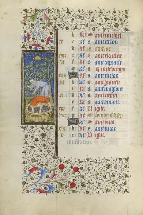 Framed Print : A Man Harvesting Grapes and Another Man Pressing Grapes; Book of Hours, about 1415-1420. Creator: Workshop of the Master of the Rohan Hours Framed Print : A Man Harvesting Grapes and Another Man Pressing Grapes; Book of Hours, about 1415-1420. Creator: Workshop of the Master of the Rohan Hours