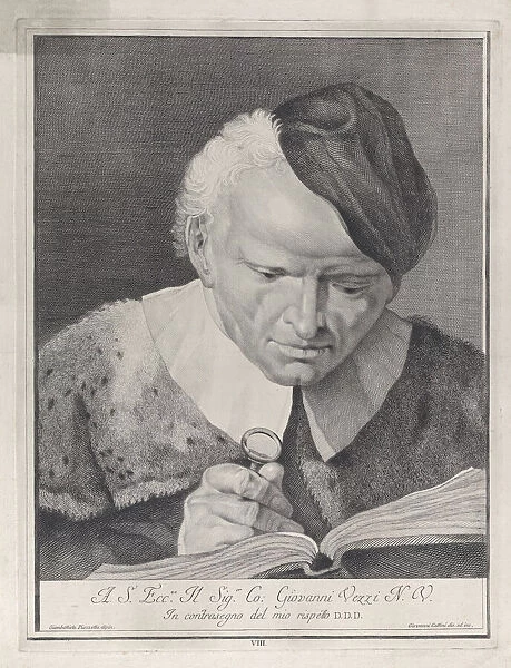 Man in a hat reading a book with a magnifying glass, 1743. Creator: Giovanni Cattini