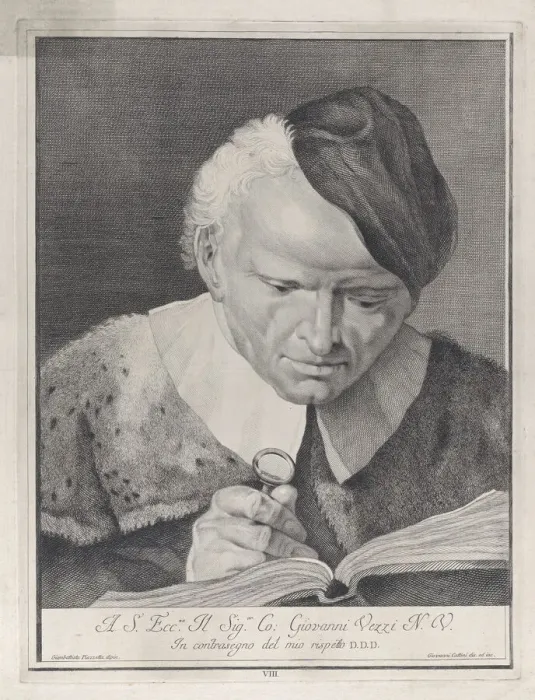 Framed Print : Man in a hat reading a book with a magnifying glass, 1743. Creator: Giovanni Cattini Framed Print : Man in a hat reading a book with a magnifying glass, 1743. Creator: Giovanni Cattini