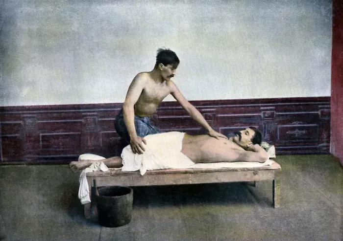 Framed Print : Man having a massage in bath house, c1890 Framed Print : Man having a massage in bath house, c1890