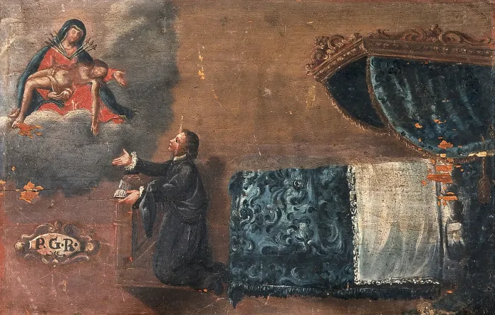 Framed Print : A man, having recovered from sickness, gives thanks to the Virgin of the Seven Sorrows. Creator: Unknown Framed Print : A man, having recovered from sickness, gives thanks to the Virgin of the Seven Sorrows. Creator: Unknown