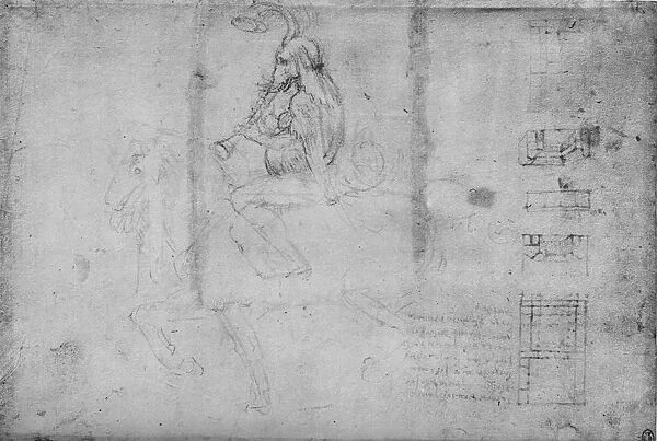 A Man with the Head of an Elephant Riding on Horseback and Architectural Sketches, c1480 (1945). Artist: Leonardo da Vinci