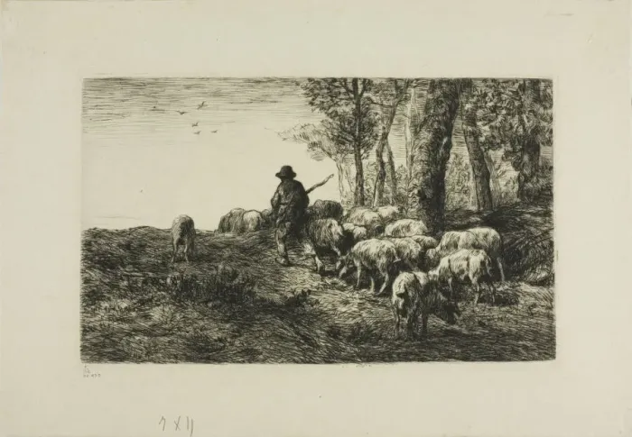 Framed Print : Man with Herd of Pigs, c. 1866. Creator: Charles Emile Jacque Framed Print : Man with Herd of Pigs, c. 1866. Creator: Charles Emile Jacque