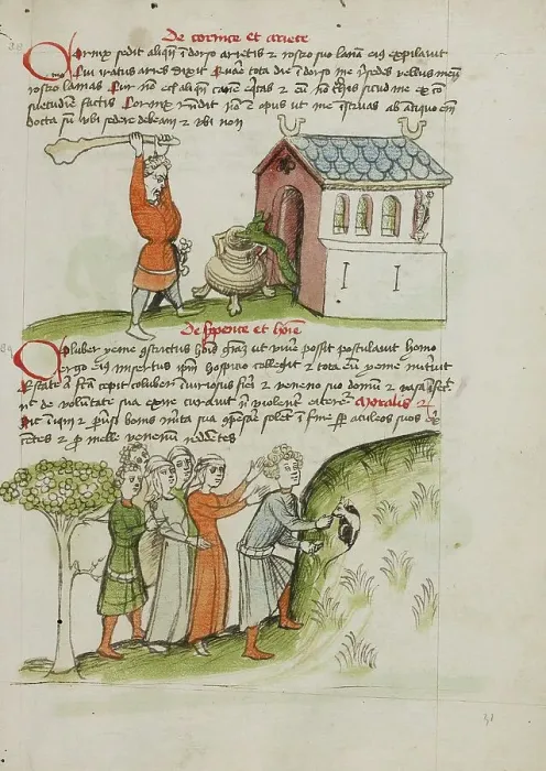 Framed Print : A Man Hitting a Snake Creeping Out of a Church: A Group of People... third quarter of 15th century. Creator: Unknown Framed Print : A Man Hitting a Snake Creeping Out of a Church: A Group of People... third quarter of 15th century. Creator: Unknown