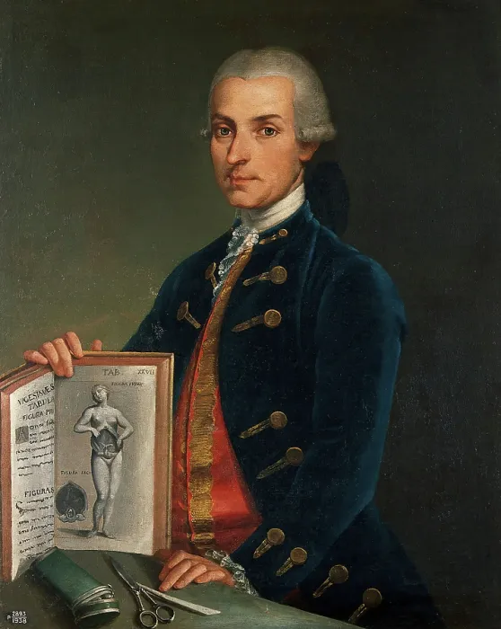 Framed Print : A man holding an anatomy book with an engraving of a woman showing her viscera, 18th century. Creator: Unknown Framed Print : A man holding an anatomy book with an engraving of a woman showing her viscera, 18th century. Creator: Unknown