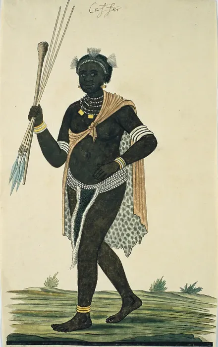 Framed Print : Man holding three assegais and a knobkerrie, 1776-1795. Creator: Robert Jacob Gordon Framed Print : Man holding three assegais and a knobkerrie, 1776-1795. Creator: Robert Jacob Gordon