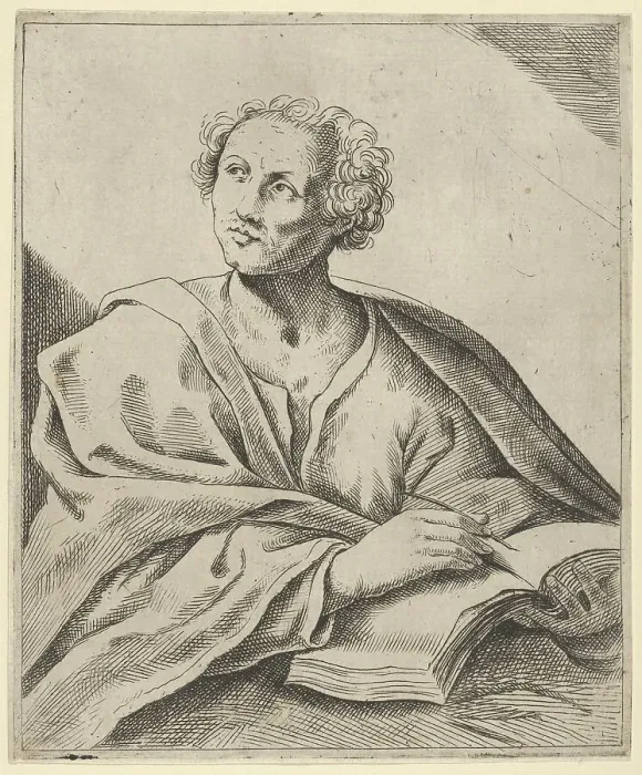 Framed Print : A man holding a book, about to write in it, looking upwards to the left, after Reni.. 17th century. Creator: Anon Framed Print : A man holding a book, about to write in it, looking upwards to the left, after Reni.. 17th century. Creator: Anon