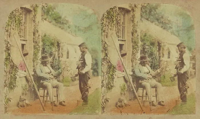 Framed Print : Man holding fishing pole seated, another man standing holding potted plant, dog... 1857-1859. Creator: William Morris Grundy Framed Print : Man holding fishing pole seated, another man standing holding potted plant, dog... 1857-1859. Creator: William Morris Grundy
