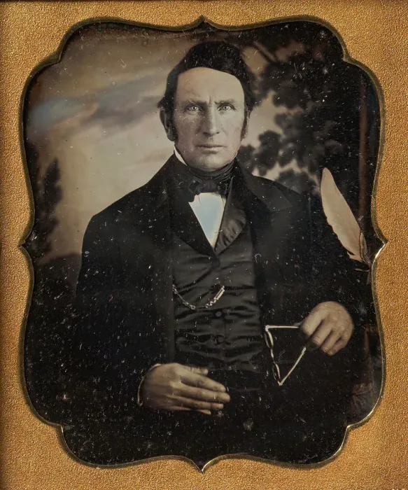 Framed Print : Man Holding Glasses in Front of Painted Outdoor Backdrop, 1850s. Creator: Unknown Framed Print : Man Holding Glasses in Front of Painted Outdoor Backdrop, 1850s. Creator: Unknown