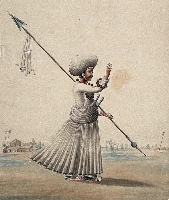 Framed Print : A man holding a long arrow with two puppets (?) hanging from it, (between 1800 and 1899?). Creator: Unknown Framed Print : A man holding a long arrow with two puppets (?) hanging from it, (between 1800 and 1899?). Creator: Unknown