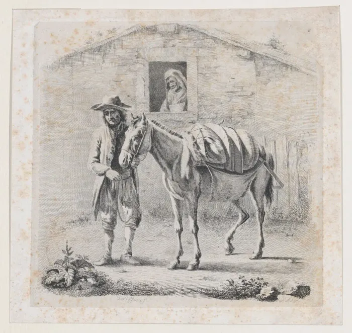 Framed Print : Man Holding a Mule before a House, early 19th century. early 19th century. Creator: Anon