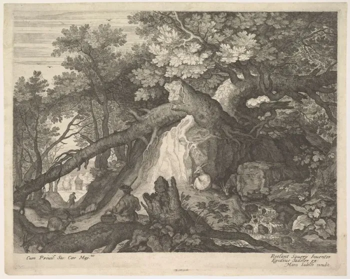 Framed Print : A man holding a staff and seated on a tree trunk; with two goats to either side; surro Framed Print : A man holding a staff and seated on a tree trunk; with two goats to either side; surro