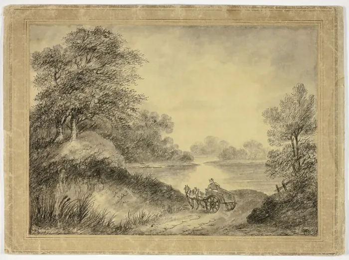 Framed Print : Man in Horse-Drawn Cart Beside Lake, n.d. Creator: Unknown