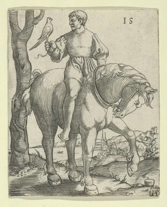 Framed Print : Man on Horseback holding a Falcon, ca. 1525-50. Creator: Master I. S Framed Print : Man on Horseback holding a Falcon, ca. 1525-50. Creator: Master I. S