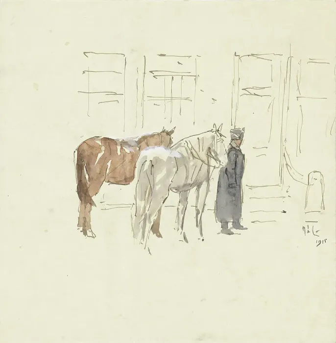 Framed Print : Man with two horses in front of a building, 1915. Creator: Adolf le Comte Framed Print : Man with two horses in front of a building, 1915. Creator: Adolf le Comte