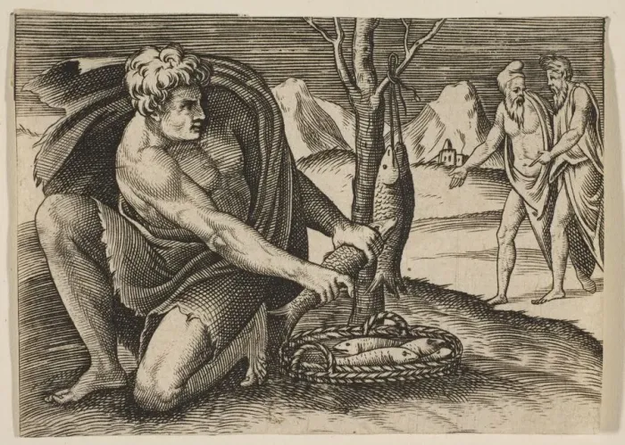 Framed Print : A man kneeling next to a basket of fish and taking one with both hands, two men Framed Print : A man kneeling next to a basket of fish and taking one with both hands, two men