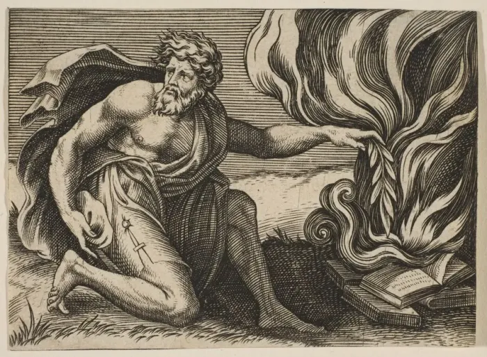 Framed Print : A man kneeling and placing a laurel branch upon a pile of burning books, ca. 1515-27 Framed Print : A man kneeling and placing a laurel branch upon a pile of burning books, ca. 1515-27