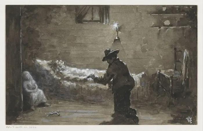 Framed Print : Man kneels at a woman's bed, in or before 1910. Creator: Louwerse, H.C Framed Print : Man kneels at a woman's bed, in or before 1910. Creator: Louwerse, H.C