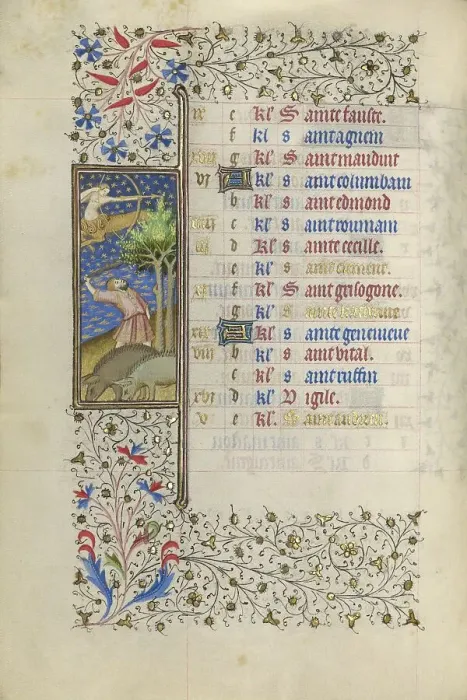 Framed Print : A Man Knocking Acorns from a Tree; Book of Hours, about 1415-1420. Creator: Workshop of the Master of the Rohan Hours Framed Print : A Man Knocking Acorns from a Tree; Book of Hours, about 1415-1420. Creator: Workshop of the Master of the Rohan Hours