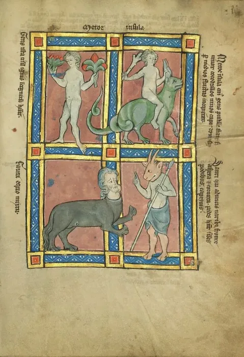 Framed Print : A Man Without Knowledge of Fire; A Man Riding a Crocodile; A Centaur; Sanrus... 1277 or after. Creator: Unknown Framed Print : A Man Without Knowledge of Fire; A Man Riding a Crocodile; A Centaur; Sanrus... 1277 or after. Creator: Unknown