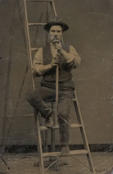 Framed Print : Man on a Ladder, 1860s-80s. Creator: Unknown Framed Print : Man on a Ladder, 1860s-80s. Creator: Unknown