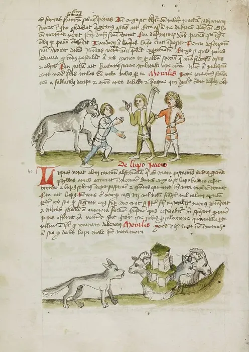 Framed Print : A Man Leading a Horse to Two Other Men: A Wolf before a Flock of... third quarter of 15th cent. Creator: Unknown Framed Print : A Man Leading a Horse to Two Other Men: A Wolf before a Flock of... third quarter of 15th cent. Creator: Unknown