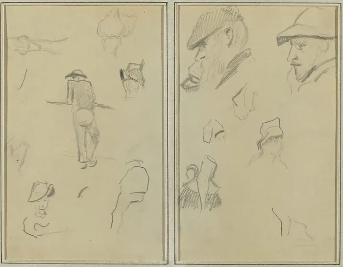 Framed Print : A Man Leaning on a Wall with Five Other Studies; Two Bearded Men Wearing... [recto], 1884-1888. Creator: Paul Gauguin