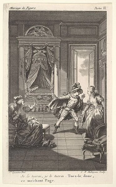 A man leans toward a woman standing in a doorway at right, at left a seated woman rais