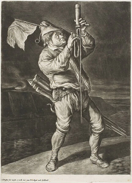 Man Lighting a Rocket, also called Peace is Better than a Victory, from Communia... 1695. Creator: Cornelis Dusart