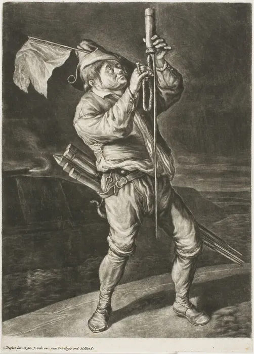 Framed Print : Man Lighting a Rocket, also called Peace is Better than a Victory, from Communia... 1695. Creator: Cornelis Dusart Framed Print : Man Lighting a Rocket, also called Peace is Better than a Victory, from Communia... 1695. Creator: Cornelis Dusart