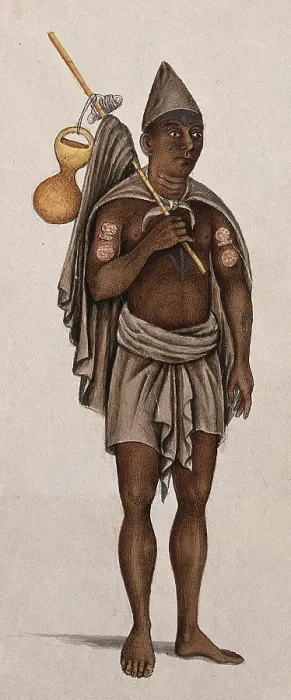 Framed Print : A man in a loincloth is carrying a stick with a cloth and pot. Creator: Unknown Framed Print : A man in a loincloth is carrying a stick with a cloth and pot. Creator: Unknown