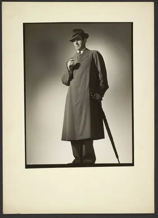 Framed Print : Man modeling trench coat, about 1943. Creator: Gunther Krampf Framed Print : Man modeling trench coat, about 1943. Creator: Gunther Krampf