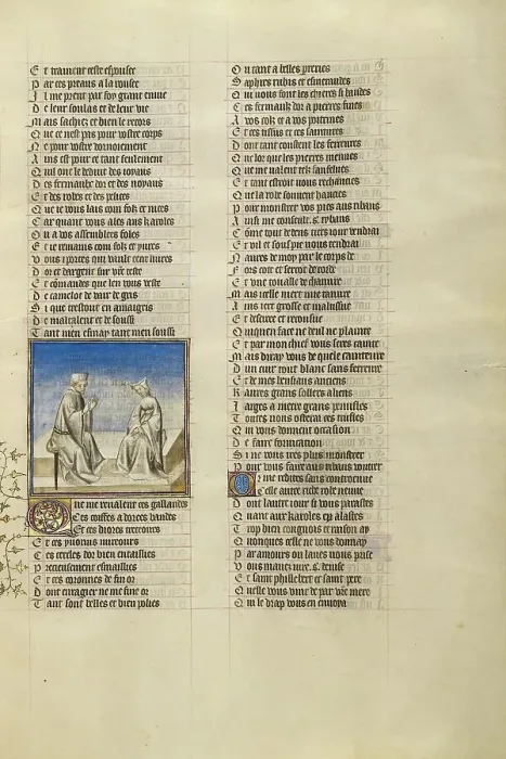 Framed Print : A Man and a Modishly Costumed Woman in Conversation; Roman de la Rose, about 1405. Creator: Unknown Framed Print : A Man and a Modishly Costumed Woman in Conversation; Roman de la Rose, about 1405. Creator: Unknown