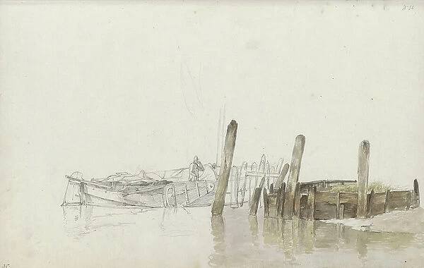 Man on a moored fishing boat at a quay, 1797-1838. Creator: Johannes Christiaan Schotel