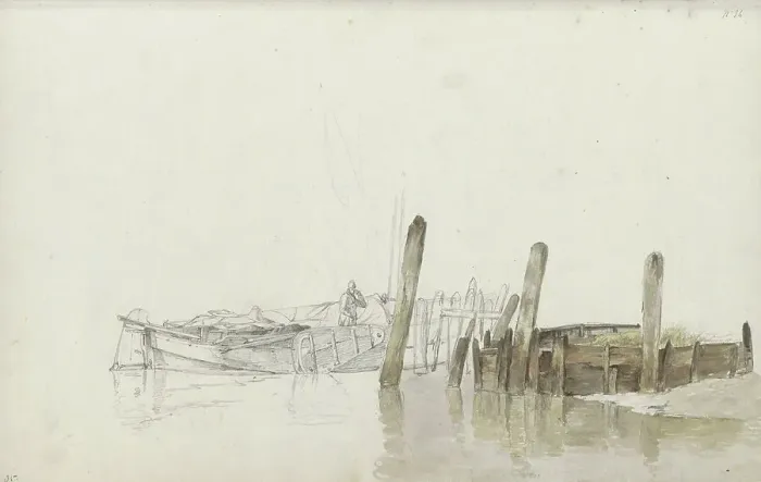 Framed Print : Man on a moored fishing boat at a quay, 1797-1838. Creator: Johannes Christiaan Schotel Framed Print : Man on a moored fishing boat at a quay, 1797-1838. Creator: Johannes Christiaan Schotel