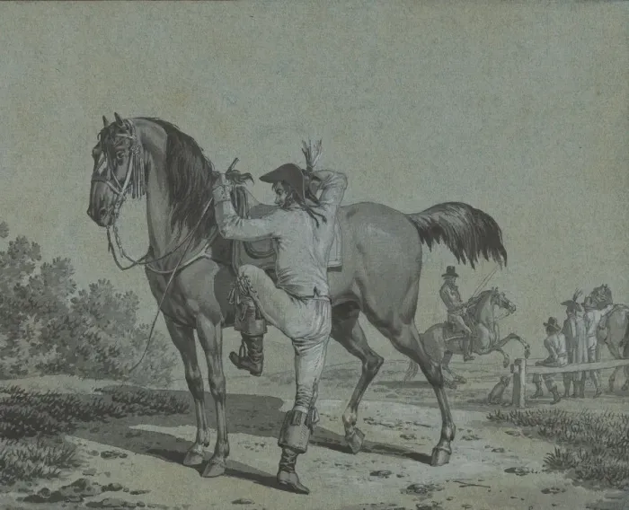 Framed Print : Man Mounting a Horse. Creator: Jacques Francois Joseph Swebach Framed Print : Man Mounting a Horse. Creator: Jacques Francois Joseph Swebach