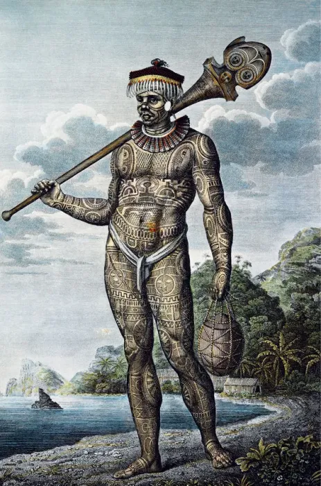 Framed Print : A man from Nuku Hiva Island with tattoos on his body. From Atlas of Krusensterns Circumnavigation Framed Print : A man from Nuku Hiva Island with tattoos on his body. From Atlas of Krusensterns Circumnavigation