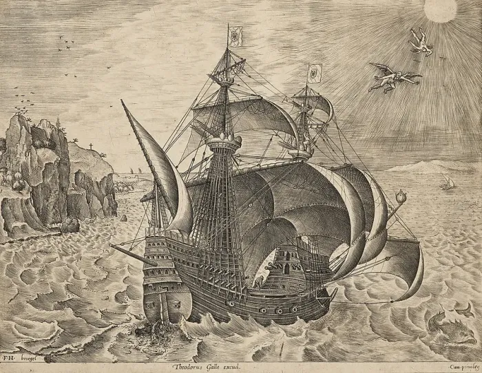 Framed Print : Man-of-War with the Fall of Icarus, about 1560. Creator: Frans Huys Framed Print : Man-of-War with the Fall of Icarus, about 1560. Creator: Frans Huys